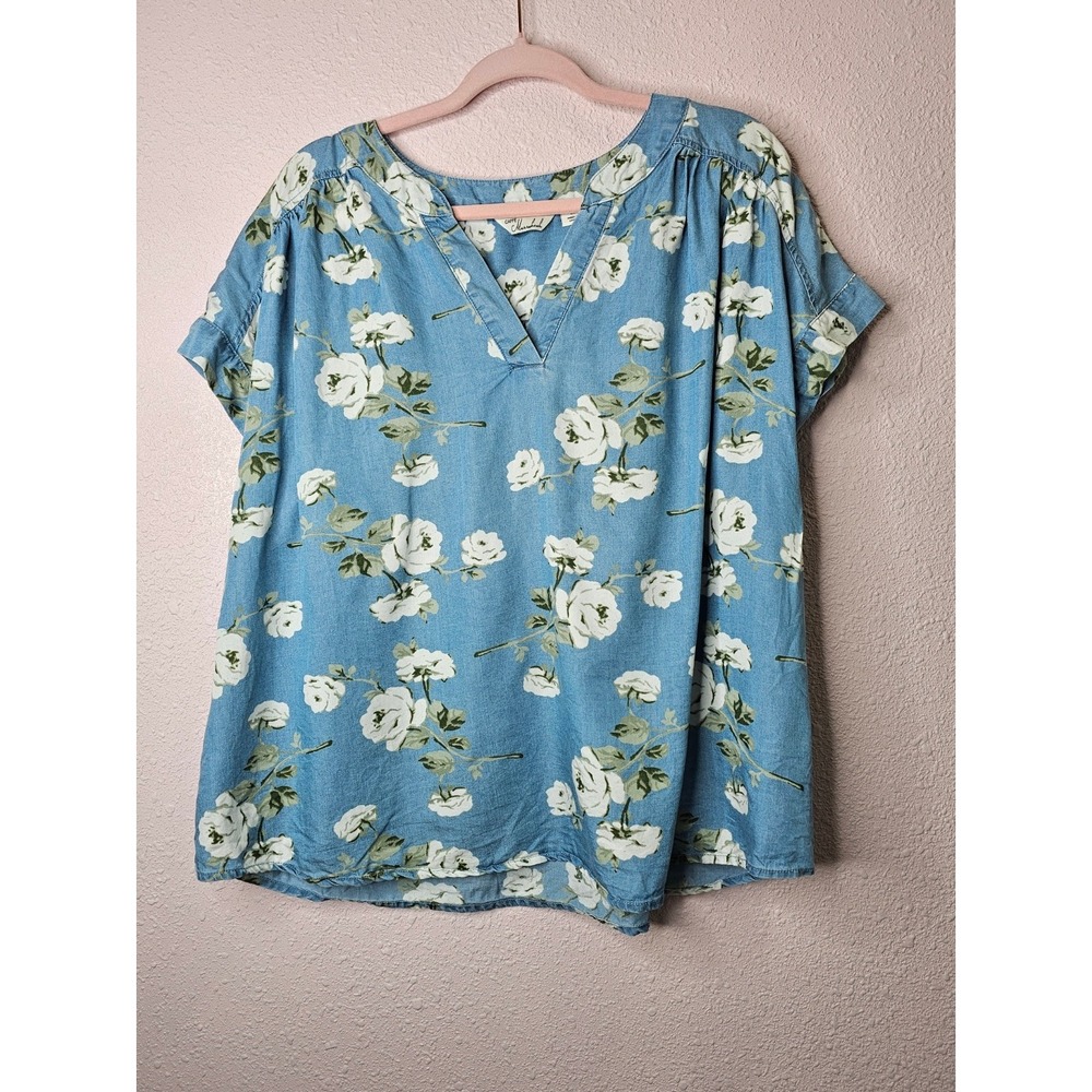Caffe Marrakech Womens 2X Blue Floral Chambray Tunic Top Shirt V Neck Lyocell